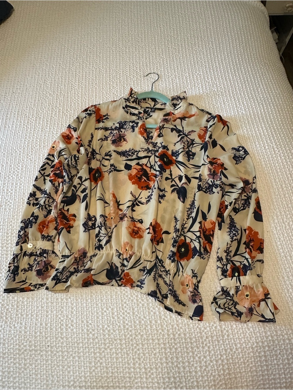 Jules & Leopold Cream Floral Long-Sleeve Blouse with Orange & Navy Print
